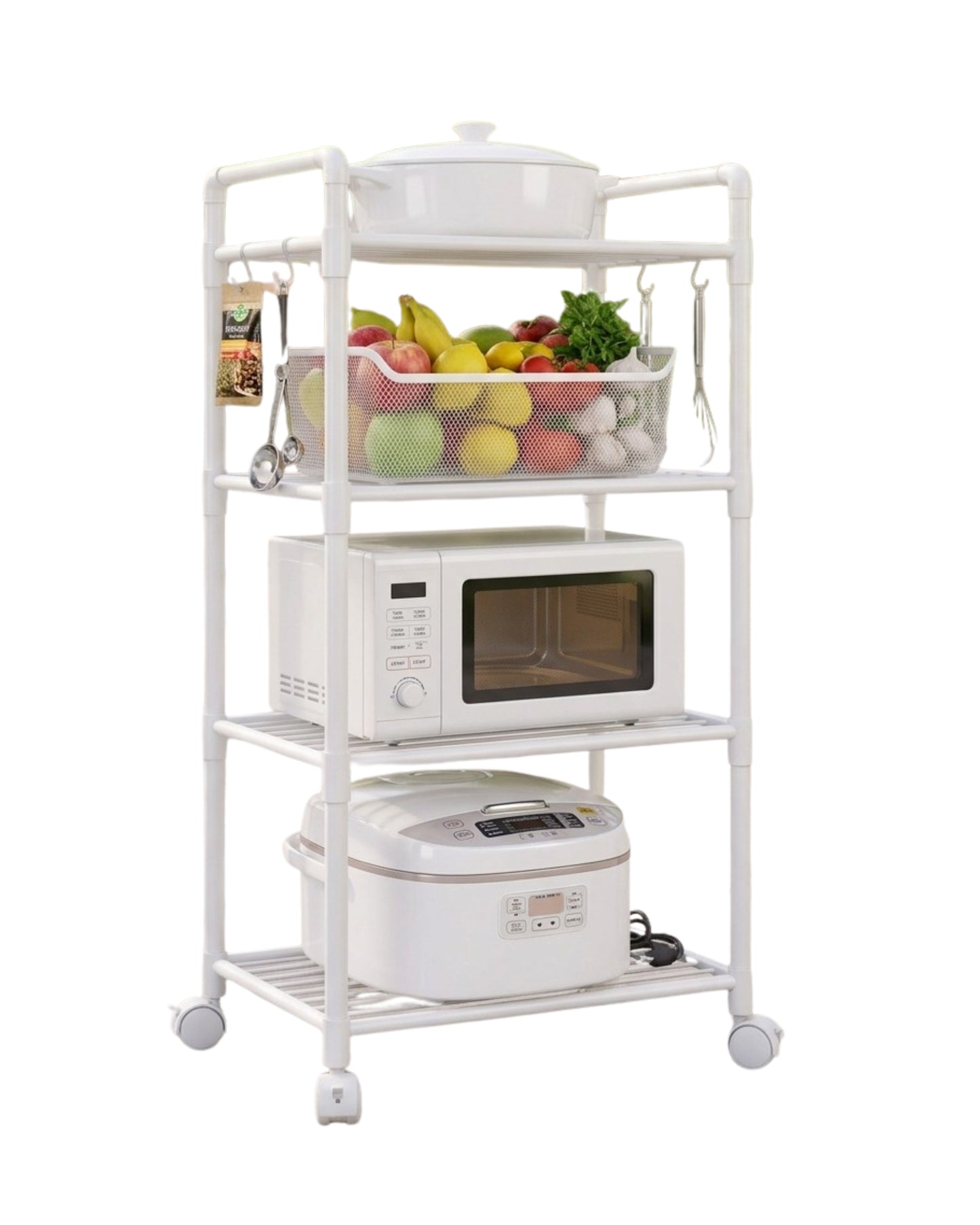 CARRITO METAL BLANCO C/GANCHOS 4 ESTANTES